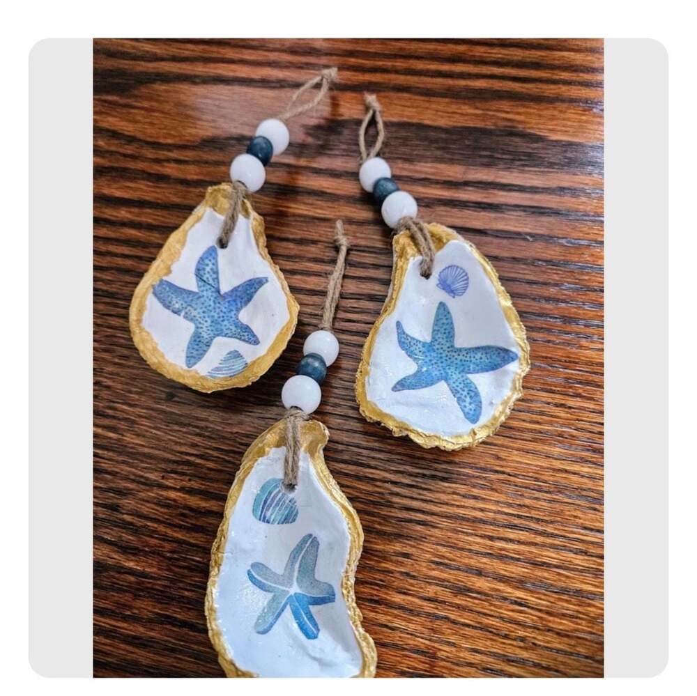 Decoupaged Blue Starfish Oyster Shell Ornament with Gold Gilded Trim